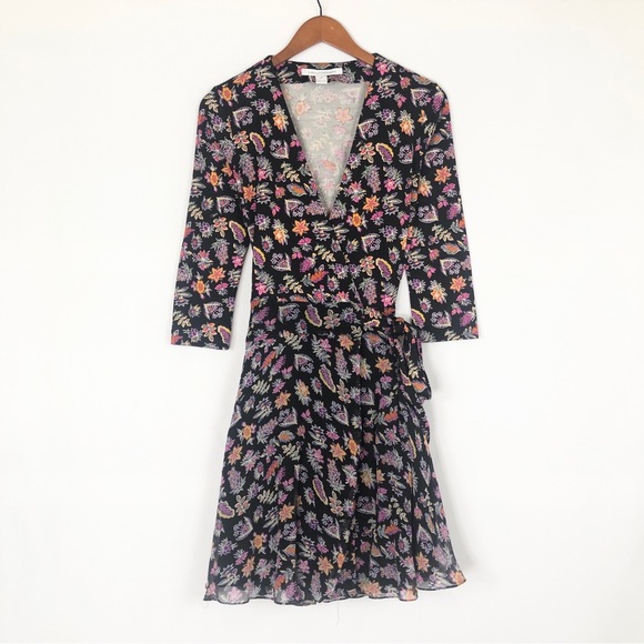 Diane Von Furstenberg‎ Irina Silk Wrap Dress Floral Size 10 Black